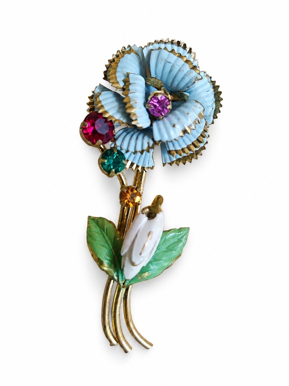 Vintage Austria Blue Enamel Flower Brooch Gold Tone Rhinestone